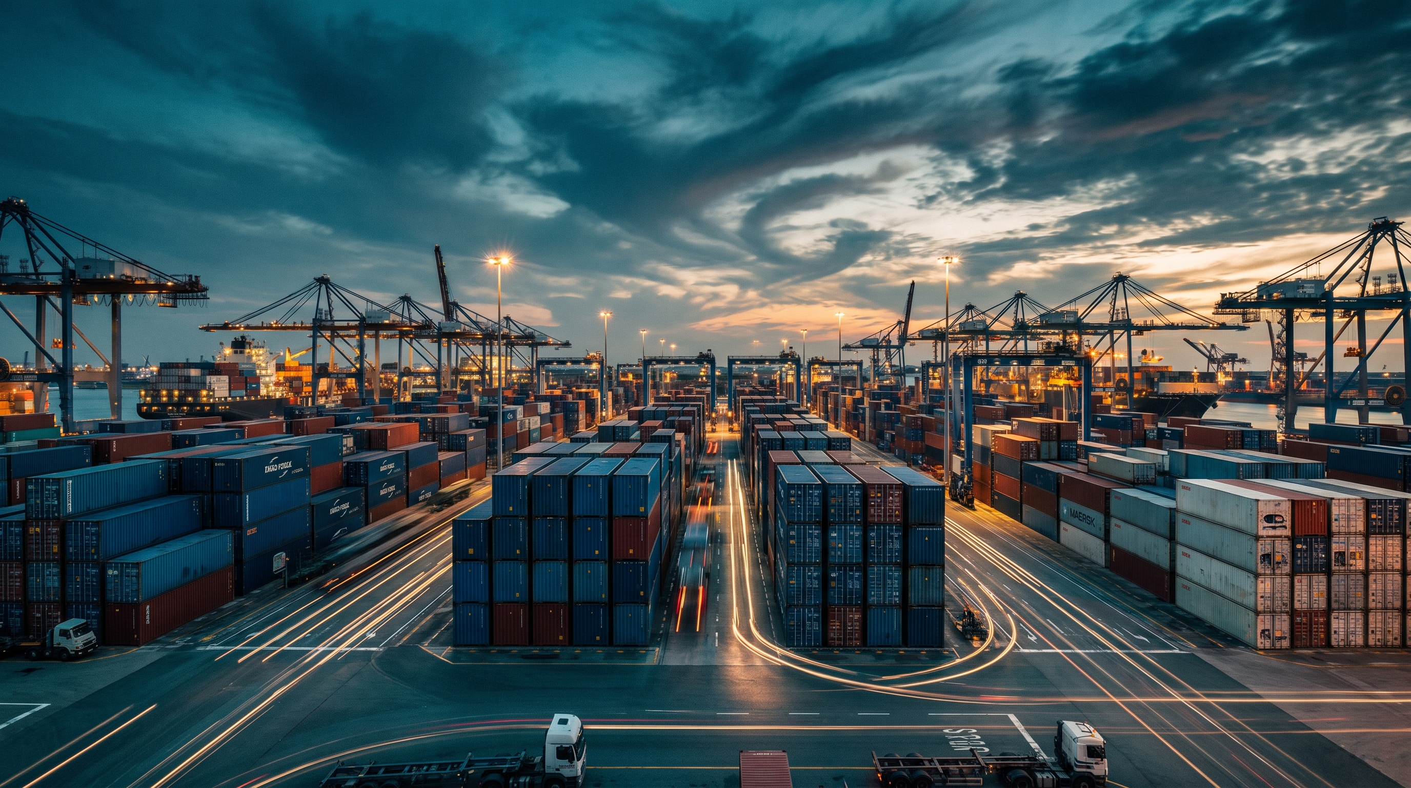 Container terminal at dusk
